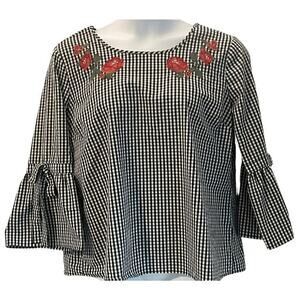 Liz Claiborne Sz XL Pullover Top Bell Sleeves Embroidered Black White Gingham